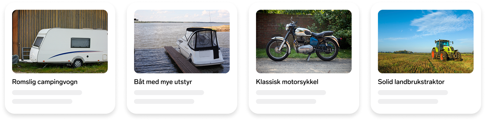 Fire bilder av kjøretøy: en hvit campingvogn, en hvit båt ved brygge, en klassisk blå og hvit motorsykkel, og en gul traktor i åkeren.