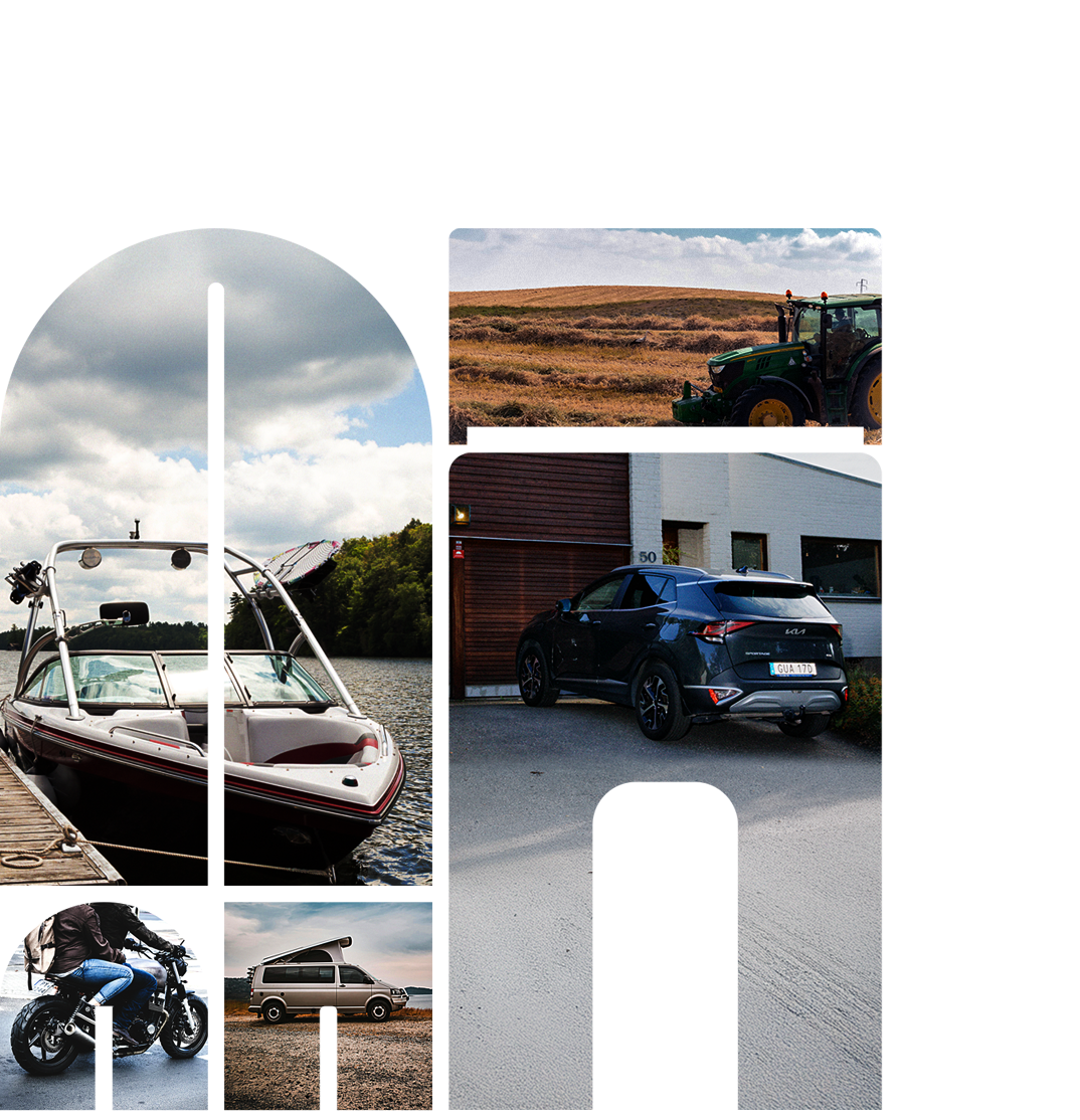 Kollasj av ulike transportmidler: båt ved brygge, grønn traktor på åker, svart bil ved bygning, motorsykkel og campingbil.