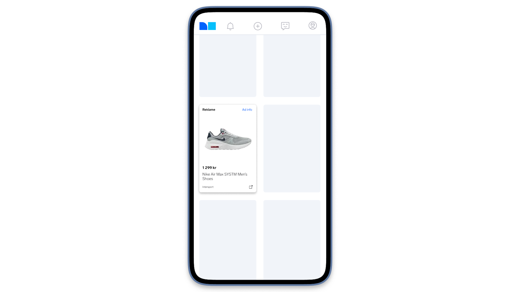 Mobilskjerm med en sponset annonse for Nike Air Max SYSTM herresko til 1 299 kr fra Intersport.