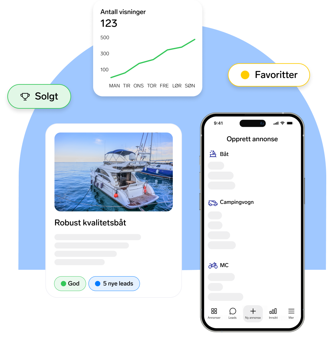 Skjermbilde av Vend Dealer Hub som viser båtannonse, visningsstatistikk og mobilapp med kategorier for kjøretøy.
