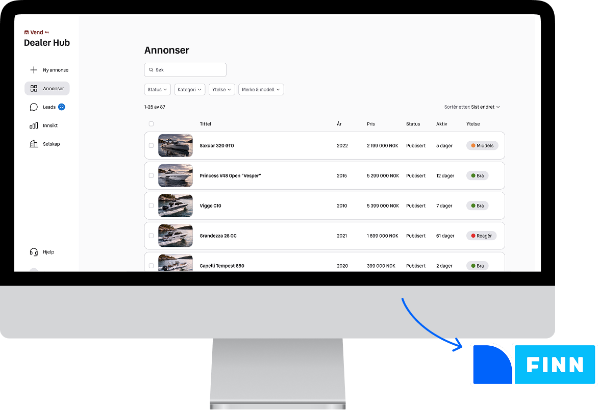 Skjermbilde av Dealer Hub-plattformen som viser annonser for campingvogner med priser, status og ytelsesstatistikk.