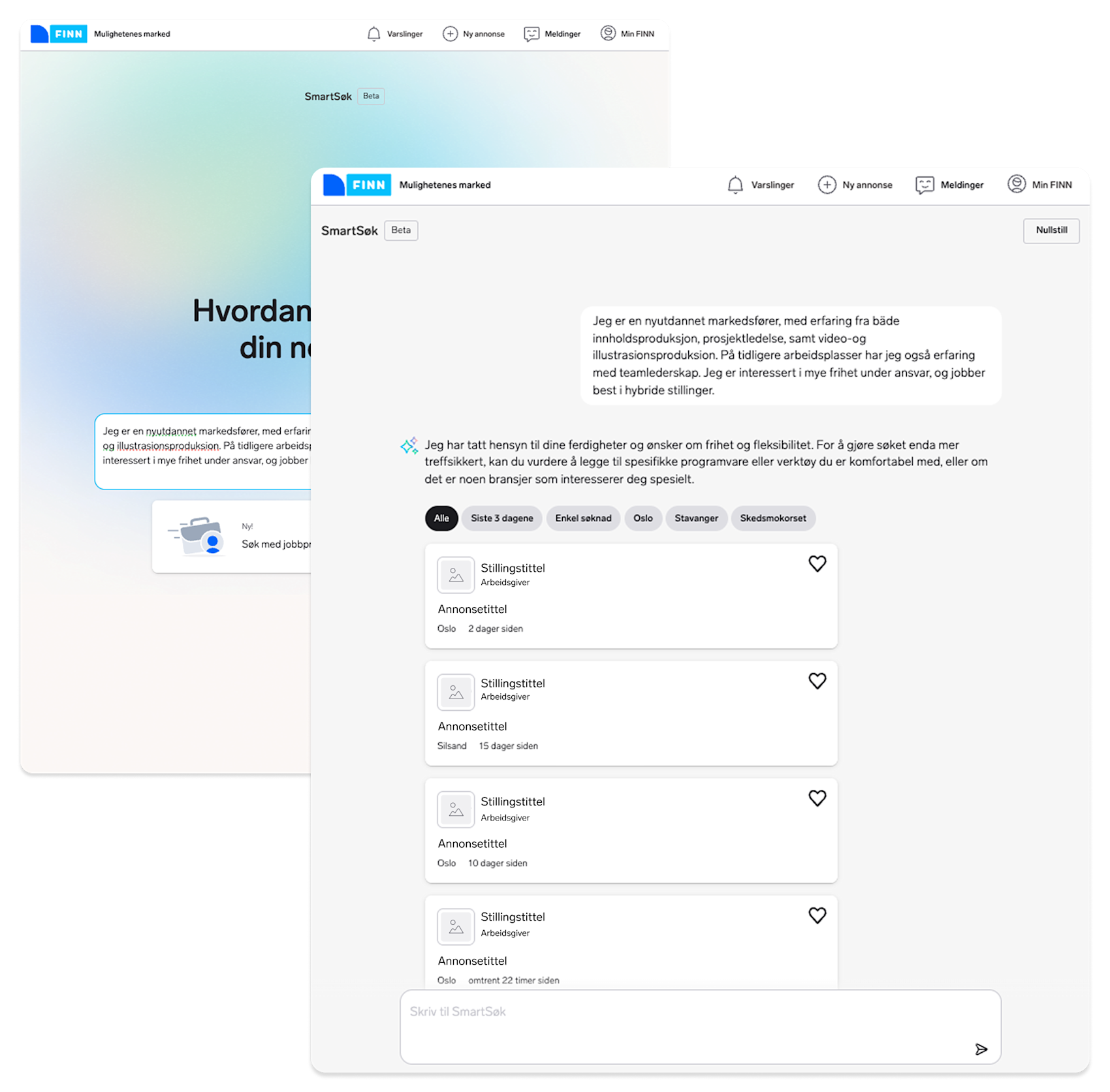 Bildet viser AI-verktøyet SmartSøk med søketekst, samt resultater.