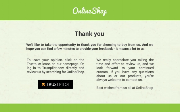 Example of Trustpilot email invitation Online shop example