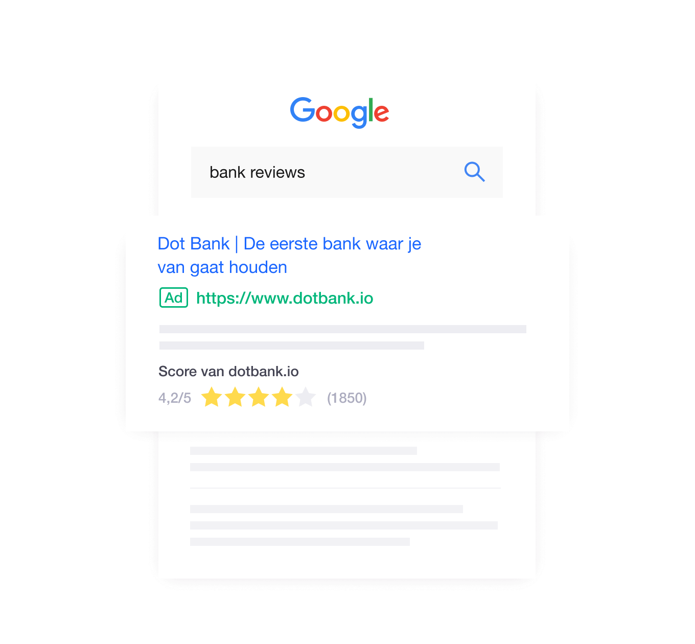 Illustration of a company ranking in a Google search with Trustpilot customer reviews NL - Jumbotron main image - desktop