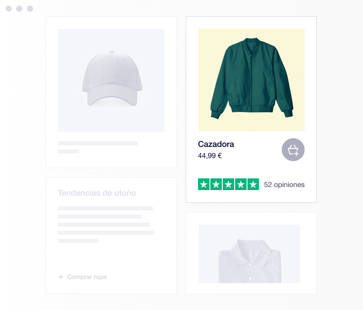Product illustration of Trustpilot product reviews featuring a bomber jacket listed with price and Trustpilot rating/stars ES - Turn browsers into buyers
