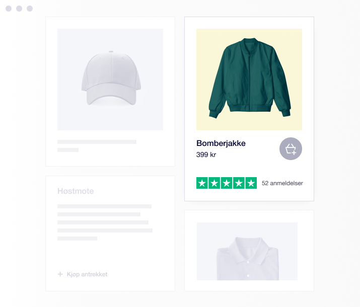 Product illustration of Trustpilot product reviews featuring a bomber jacket listed with price and Trustpilot rating/stars NO - Turn browsers into buyers