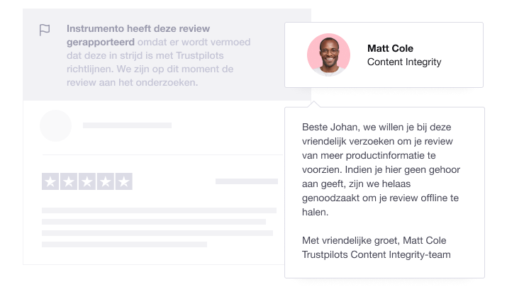Illustration showing a Trustpilot Content Integrity Agent responding to a review being reported NL - Dedicated experts