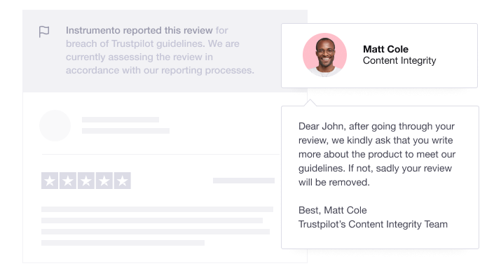 Illustration showing a Trustpilot Content Integrity Agent responding to a review being reported Trustpilot's reported review response