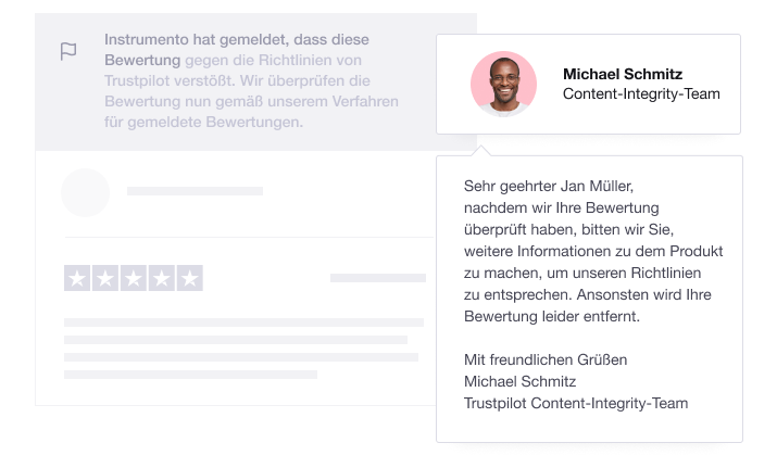 Illustration showing a Trustpilot Content Integrity Agent responding to a review being reported DE - Dedicated experts