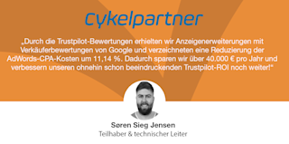 Durch die Trustpilot-Bewertungen erhielten wir Google-Verkäuferbewertungen und verzeichneten eine Reduzierung der AdWords-CPA-Kosten um 11,14 Prozent. So sparen wir über 40.000 € pro Jahr und verbessern unseren Trustpilot-ROI noch weiter.