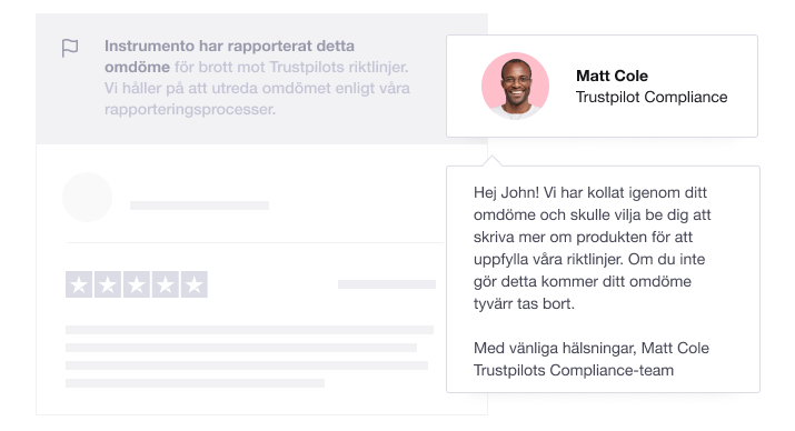 Illustration showing a Trustpilot Compliance Agent responding to a review being reported SE - Compliance experts