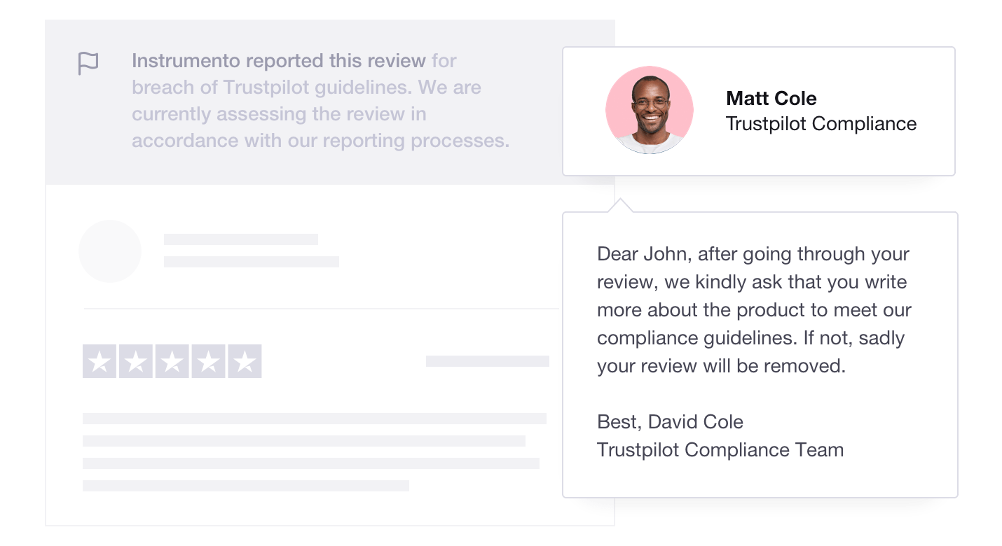 Illustration showing a Trustpilot Compliance Agent responding to a review being reported Features - Platform Safeguards - Dedicated compliance experts - Image