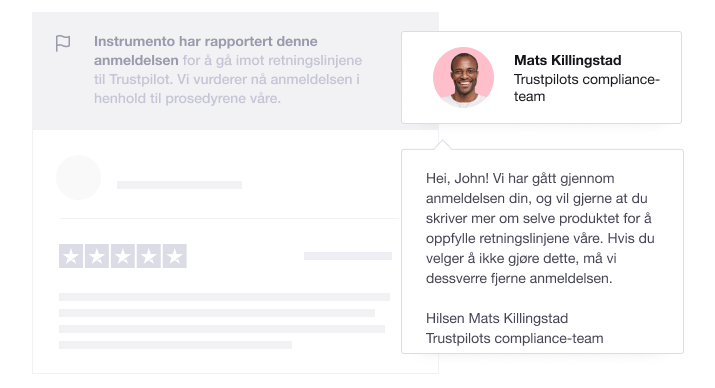 Illustration showing a Trustpilot Compliance Agent responding to a review being reported NO - Compliance experts