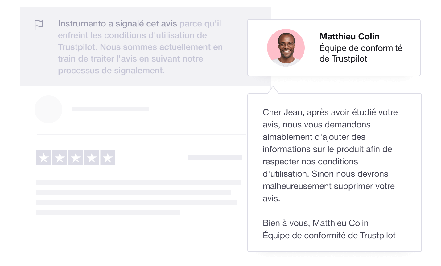 Illustration showing a Trustpilot Compliance Agent responding to a review being reported FR - Compliance experts