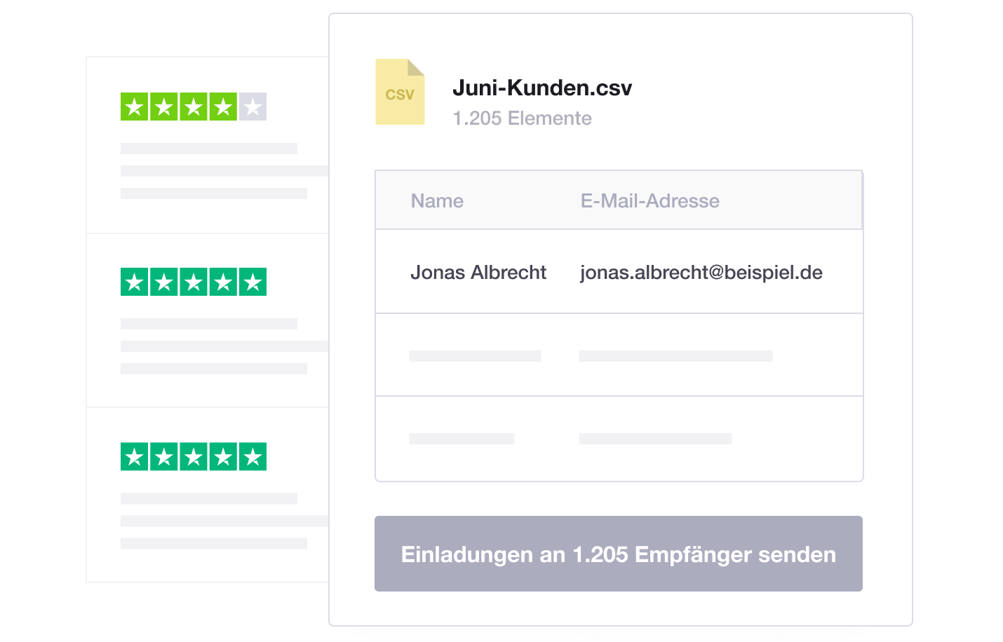 Product illustration of Trustpilot kickstart invitations. Upload a CSV-email-list and send invitations. DE - Kickstart Invitations