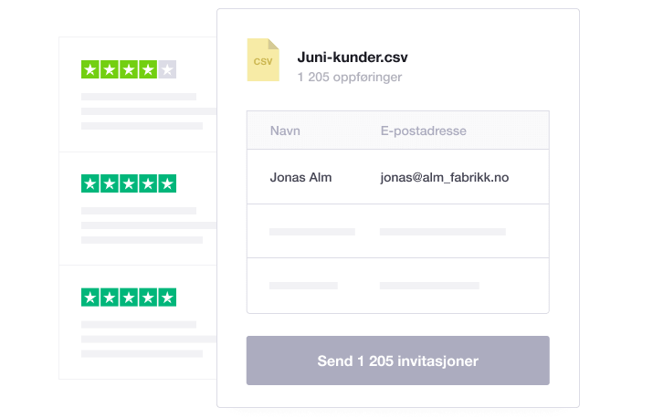 Product illustration of Trustpilot kickstart invitations. Upload a CSV-email-list and send invitations. NO - Kickstart Invitations-min