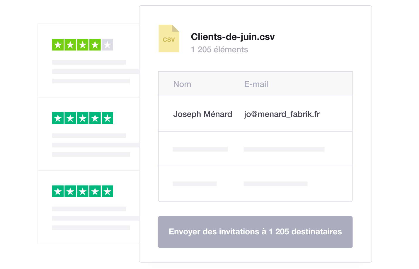 Product illustration of Trustpilot kickstart invitations. Upload a CSV-email-list and send invitations. FR - Kickstart Invitations