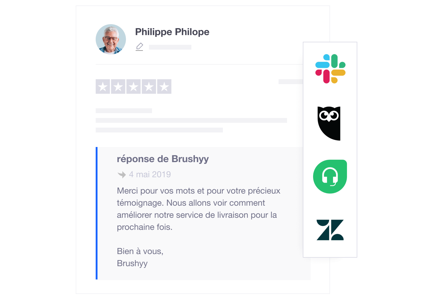 Product illustration showing how companies can integrate Trustpilot with their favourite tools, such as Zendesk, Hootsuite and Slack. FR - Smart Integrations