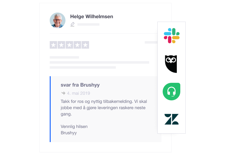 Product illustration showing how companies can integrate Trustpilot with their favourite tools, such as Zendesk, Hootsuite and Slack. NO - Smart Integrations