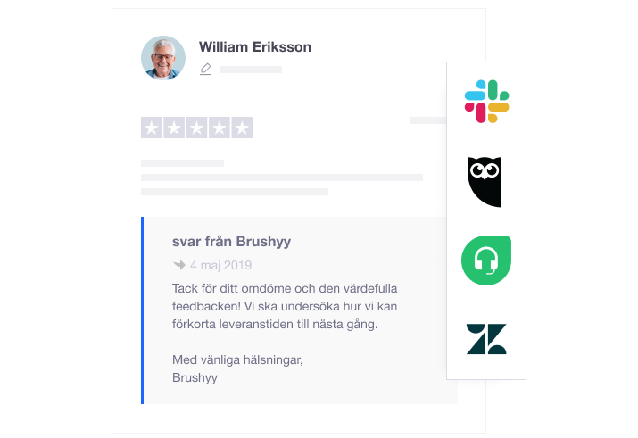 Product illustration showing how companies can integrate Trustpilot with their favourite tools, such as Zendesk, Hootsuite and Slack. SE - Smart Integrations