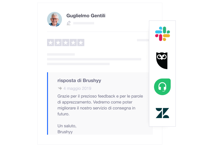 Product illustration showing how companies can integrate Trustpilot with their favourite tools, such as Zendesk, Hootsuite and Slack. IT - Smart Integrations