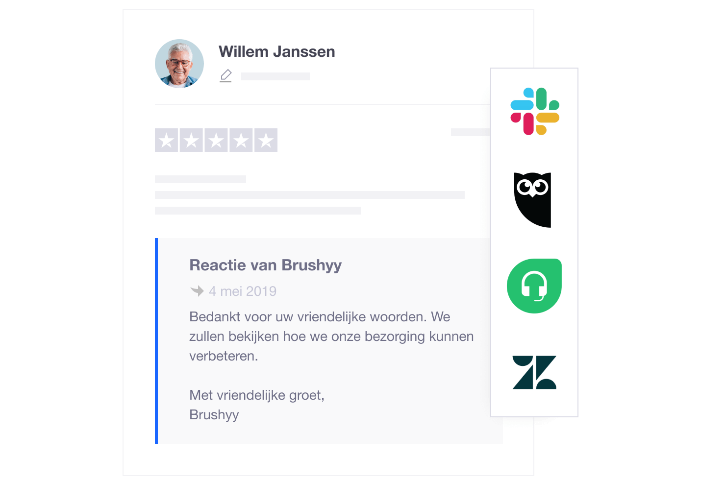 Product illustration showing how companies can integrate Trustpilot with their favourite tools, such as Zendesk, Hootsuite and Slack. NL - Smart Integrations