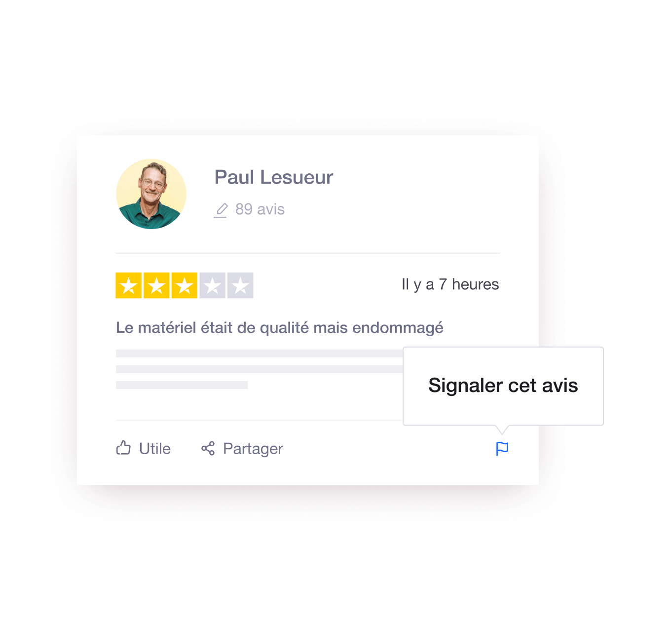 Illustration of Trustpilot's review flagging functionality FR - Jumbotron main image - desktop