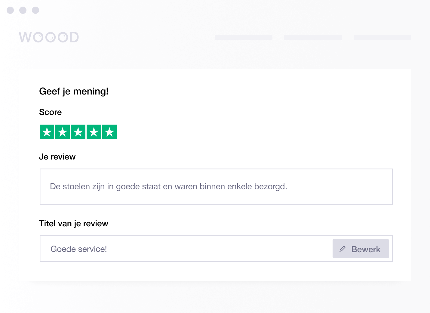 Product illustration of an embedded review form from Trustpilot NL - Embedded Review Form