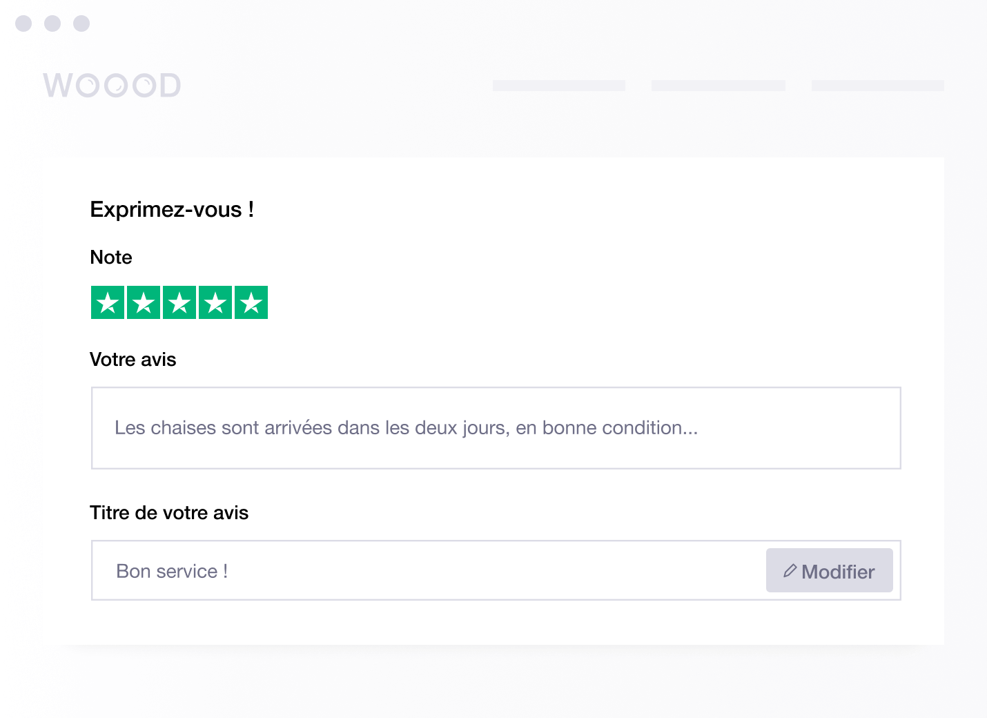 Product illustration of an embedded review form from Trustpilot FR - Embedded Review Form