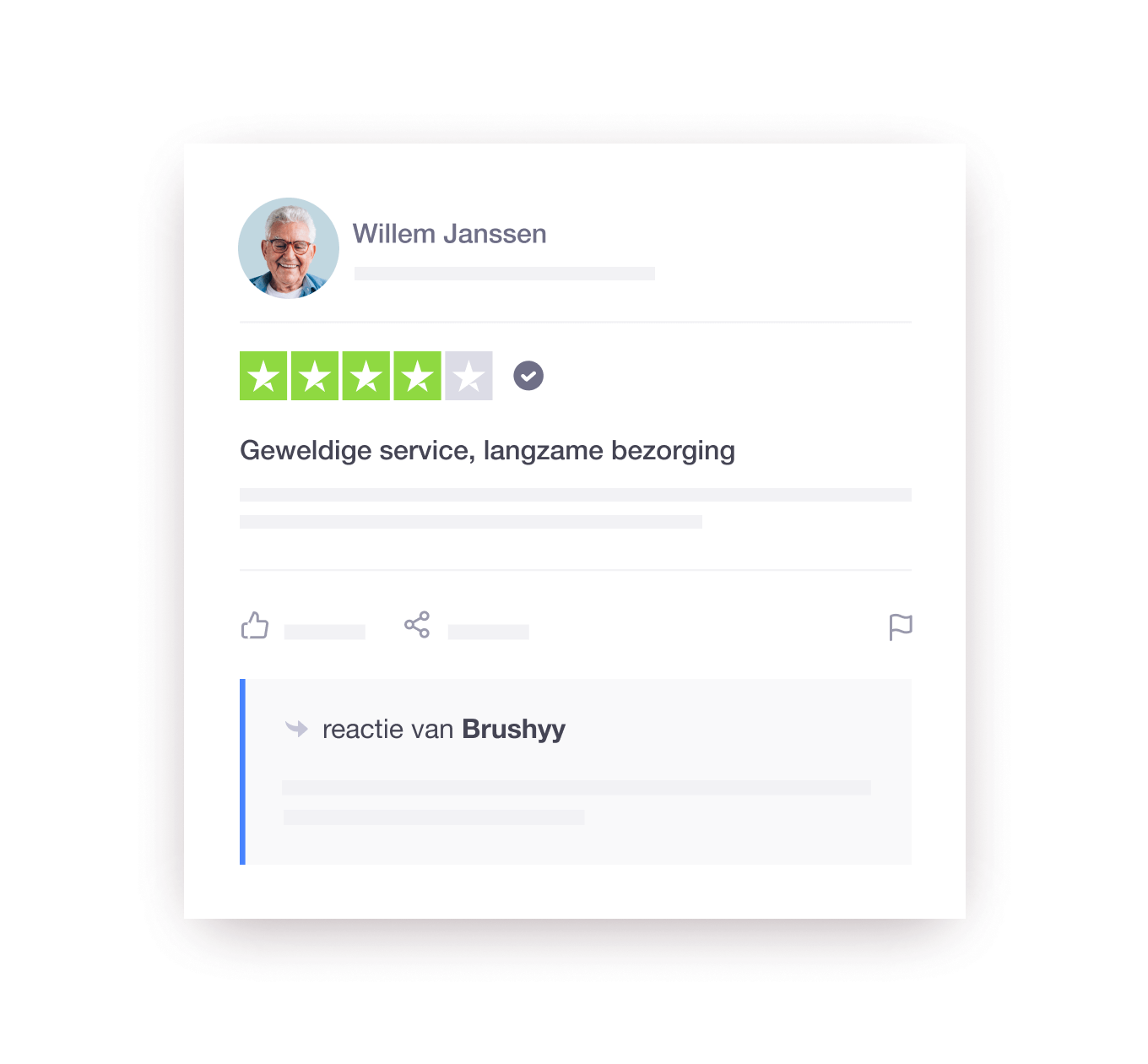 Product illustration of a Trustpilot review response example from a company to a consumer NL - Jumbotron main image - desktop