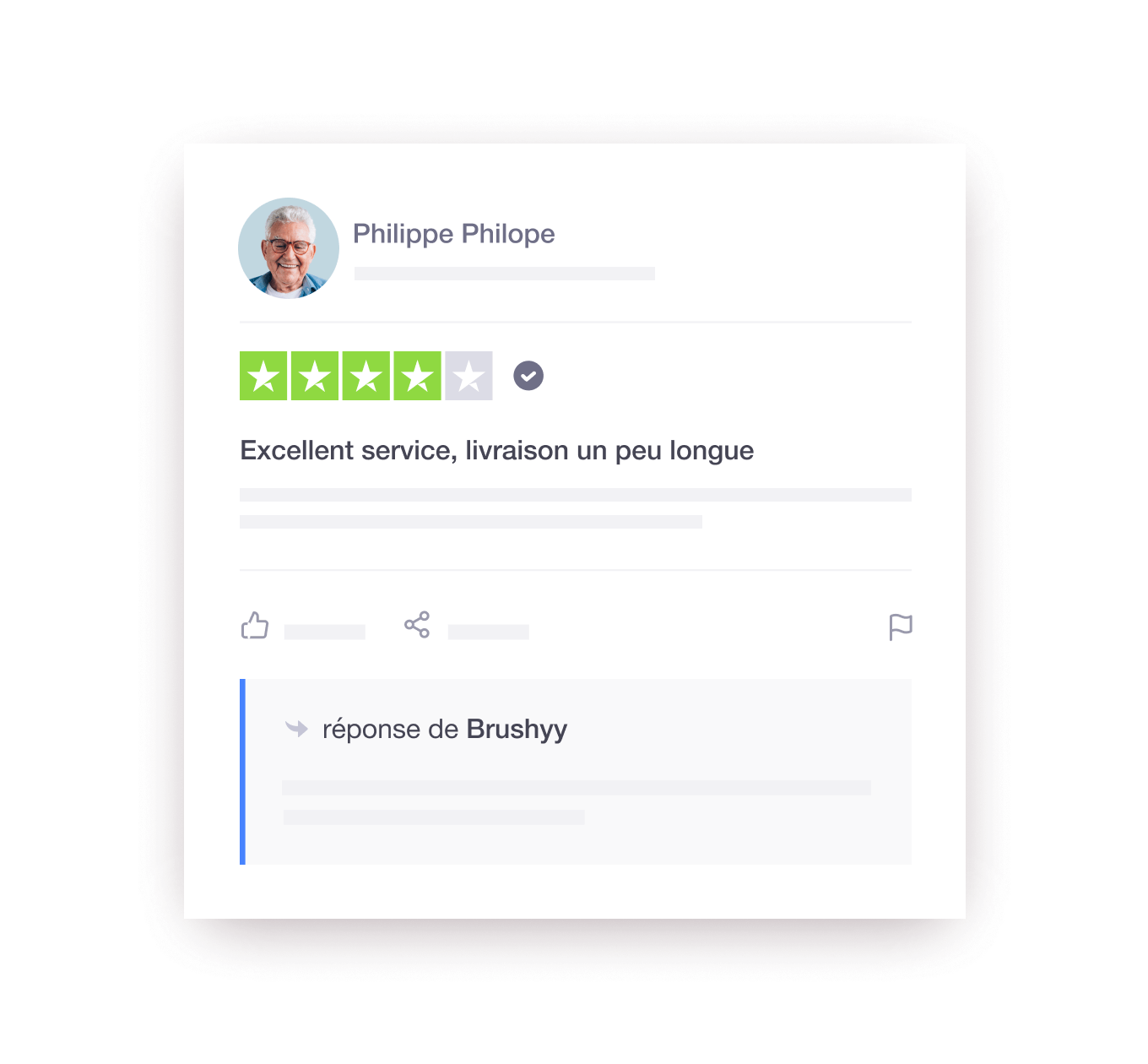 Product illustration of a Trustpilot review response example from a company to a consumer FR - Jumbotron main image - desktop