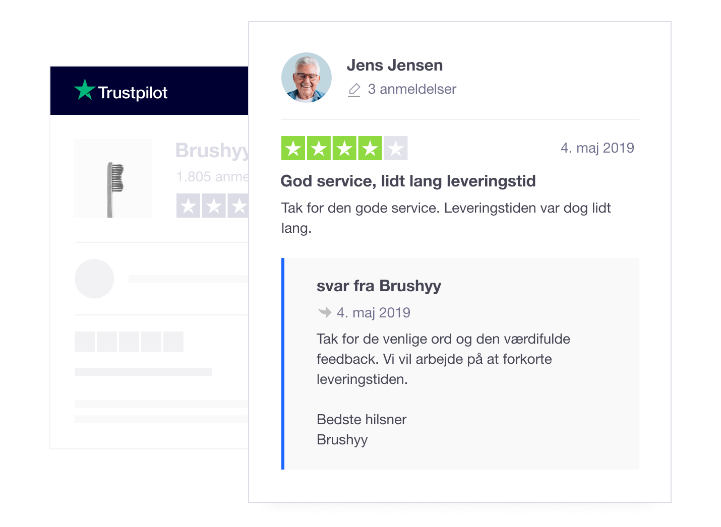 Product illustration of a company's public response to a consumer review on Trustpilot DK - Public Response