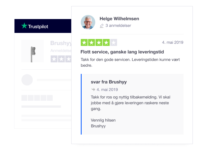 Product illustration of a company's public response to a consumer review on Trustpilot NO - Public Response