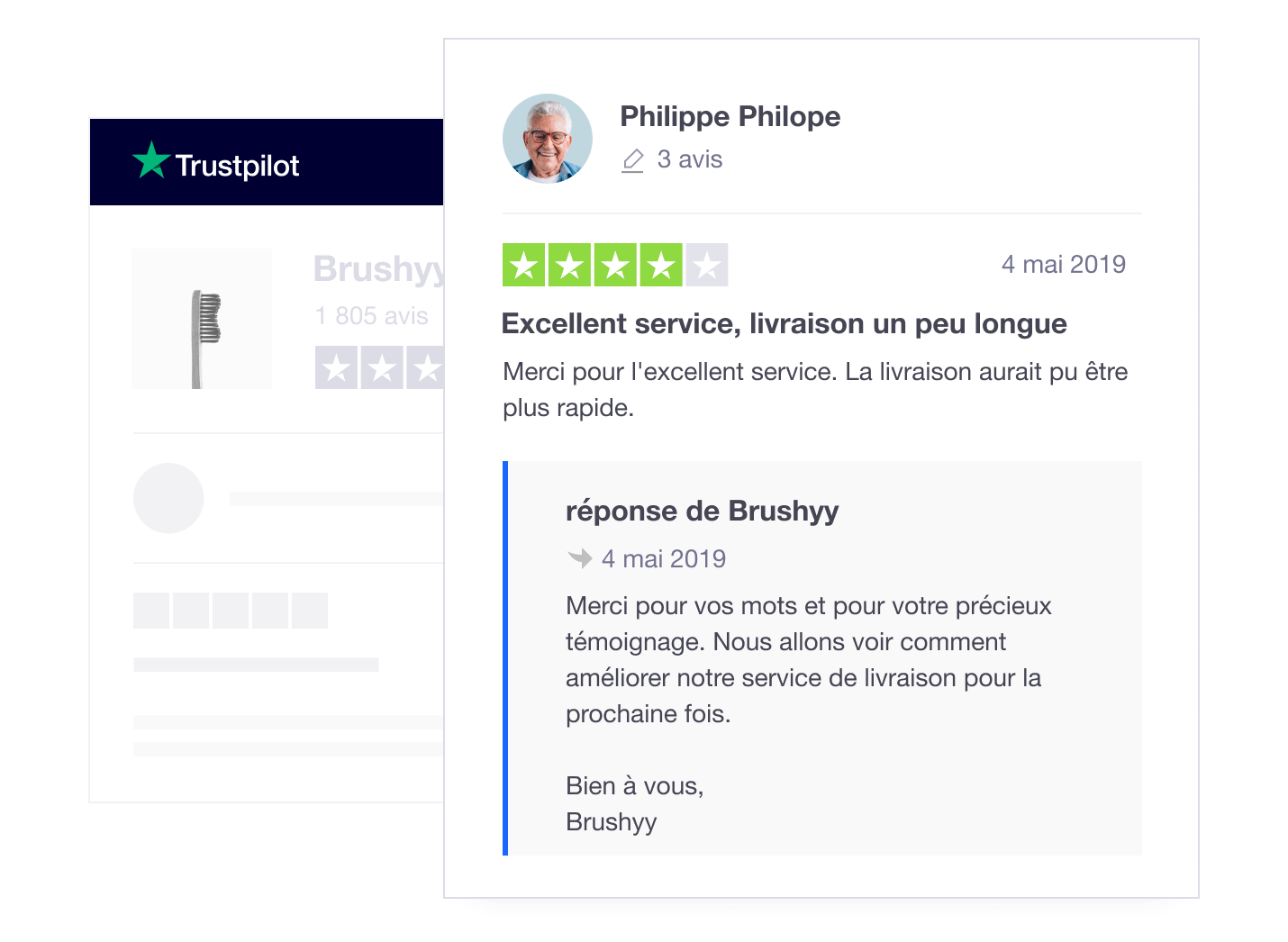 Product illustration of a company's public response to a consumer review on Trustpilot FR - Public Response