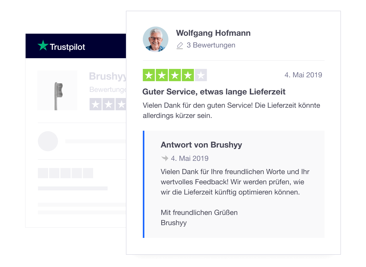 Product illustration of a company's public response to a consumer review on Trustpilot DE - Public Response