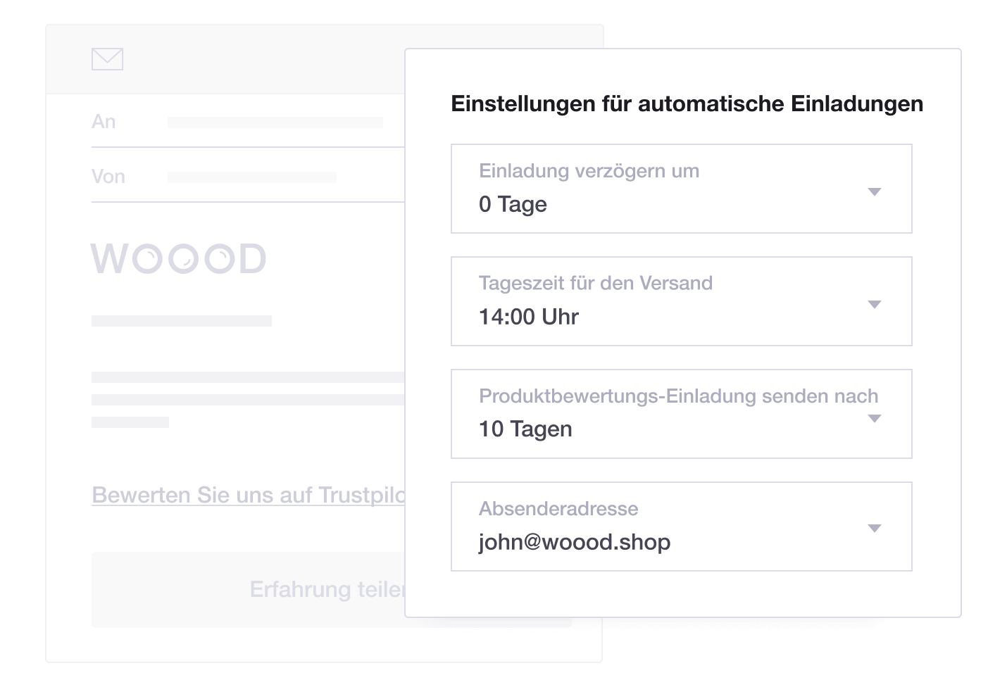 Product illustration of Trustpilot's Automatic Feedback Service feature, including automatic invitation settings DE - Automatic Feedback Service
