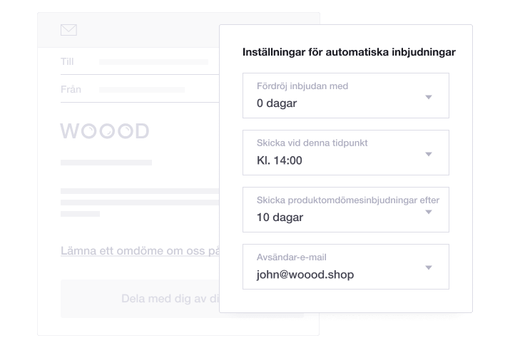 Product illustration of Trustpilot's Automatic Feedback Service feature, including automatic invitation settings SE - Automatic Feedback Service-min