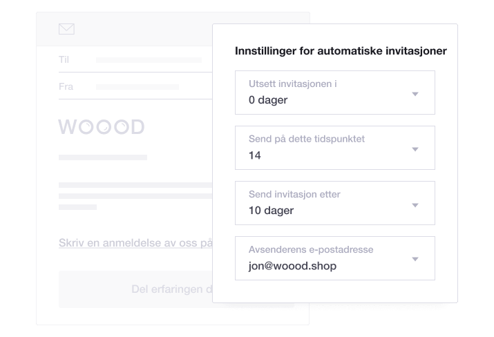 Product illustration of Trustpilot's Automatic Feedback Service feature, including automatic invitation settings NO - Automatic Feedback Service-min