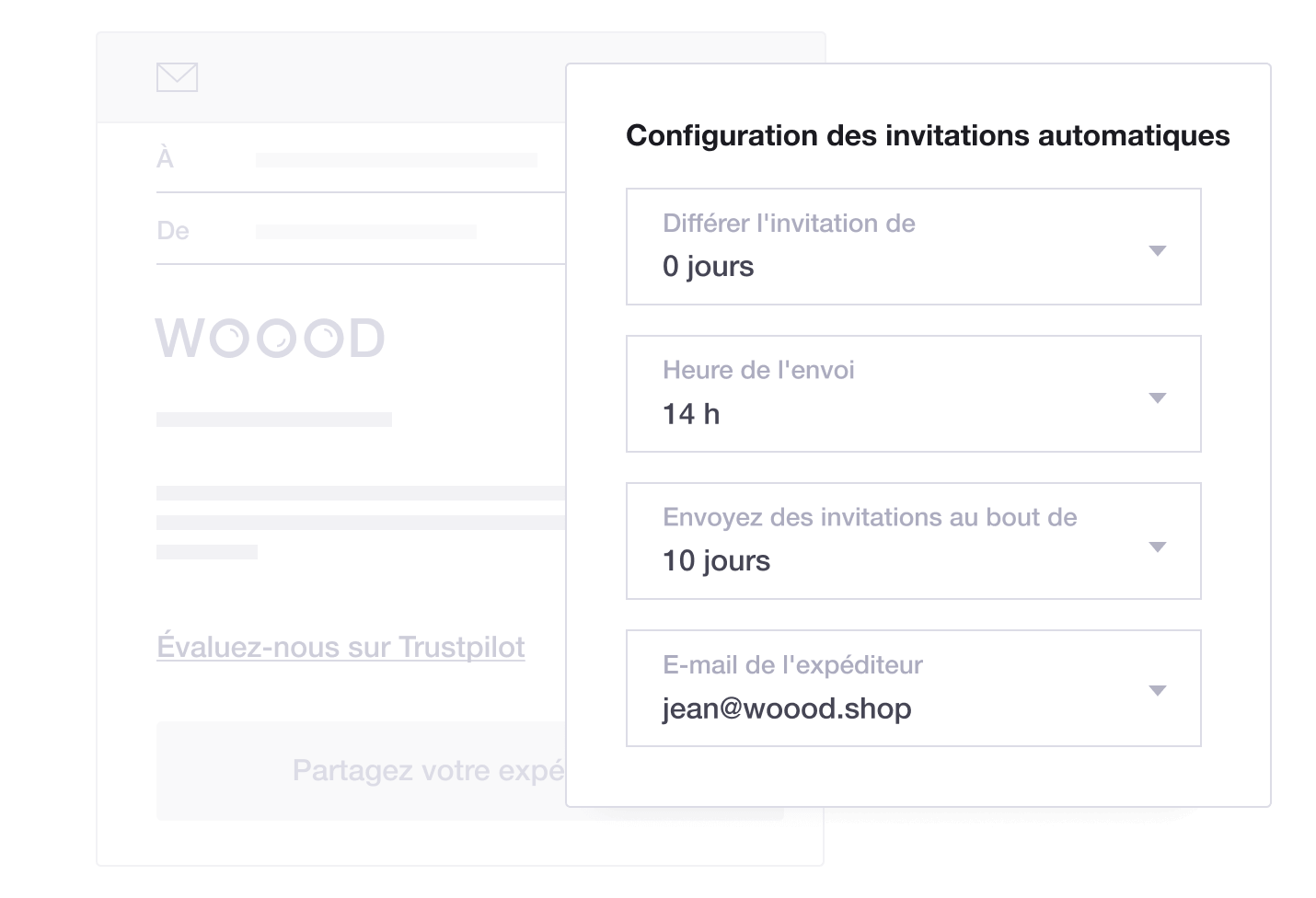 Product illustration of Trustpilot's Automatic Feedback Service feature, including automatic invitation settings FR - Automatic Feedback Service
