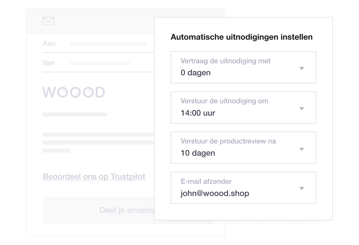 Product illustration of Trustpilot's Automatic Feedback Service feature, including automatic invitation settings NL - Automatic Feedback Service
