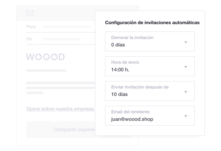 Product illustration of Trustpilot's Automatic Feedback Service feature, including automatic invitation settings ES - Automatic Feedback Service-min