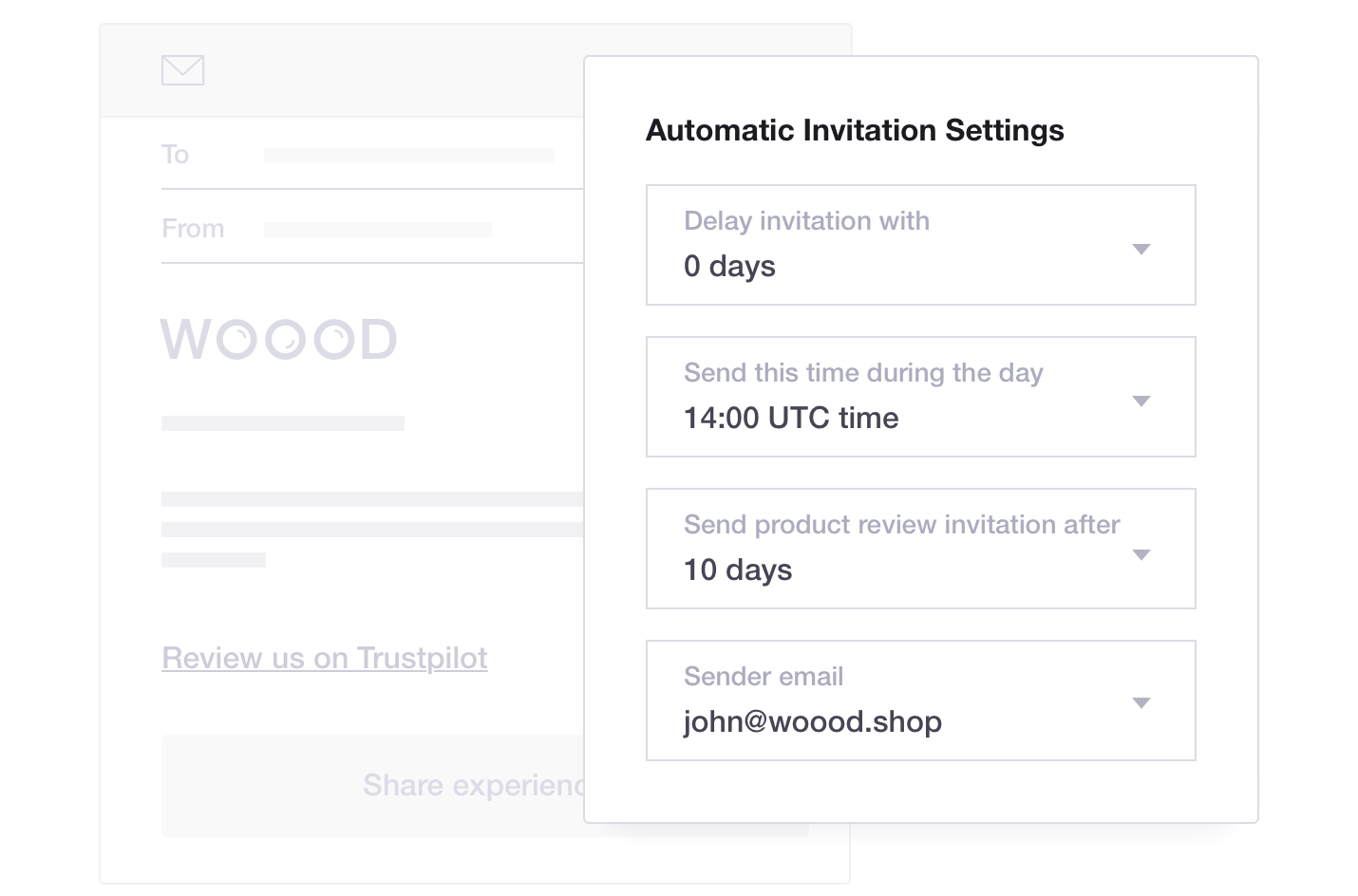 Product illustration of Trustpilot's Automatic Feedback Service feature, including automatic invitation settings Trustpilot Automatic Invitation Settings - WOOOD