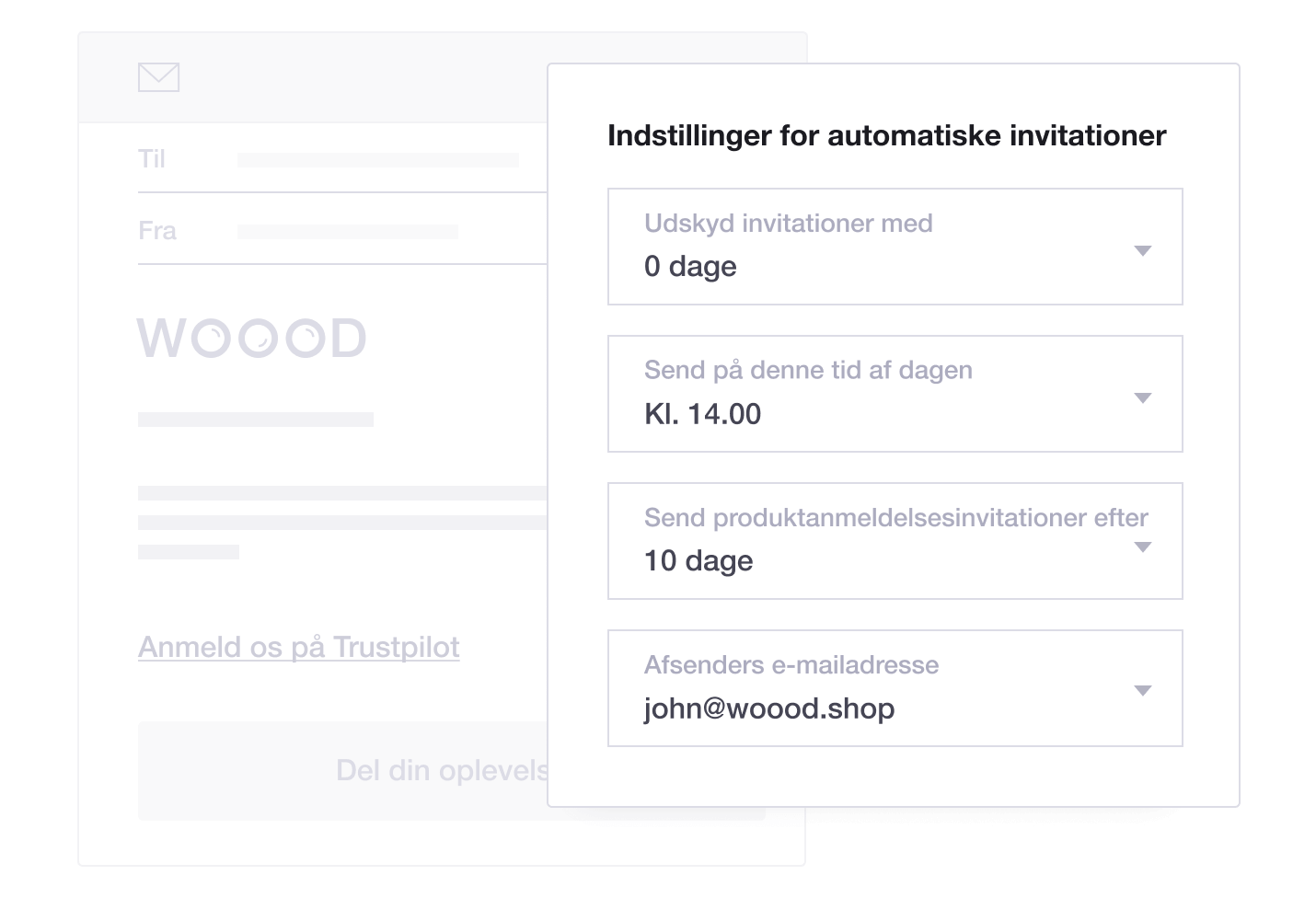 Product illustration of Trustpilot's Automatic Feedback Service feature, including automatic invitation settings DK - Automatic Feedback Service
