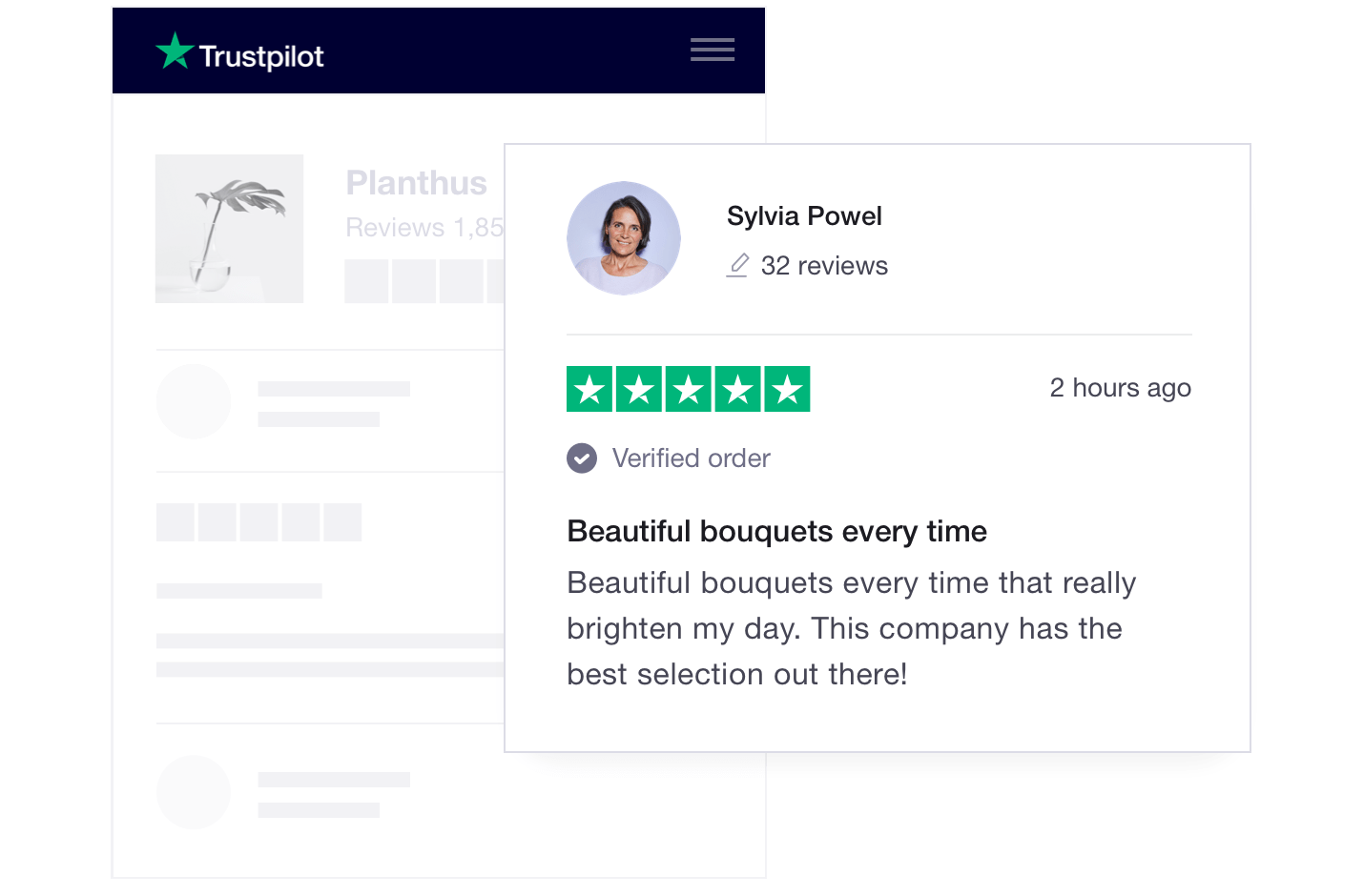 Illustration of a Trustpilot company profile page with a review