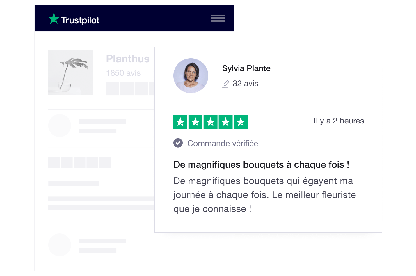 Illustration of a Trustpilot company profile page with a review FR - Company Profile Page-min