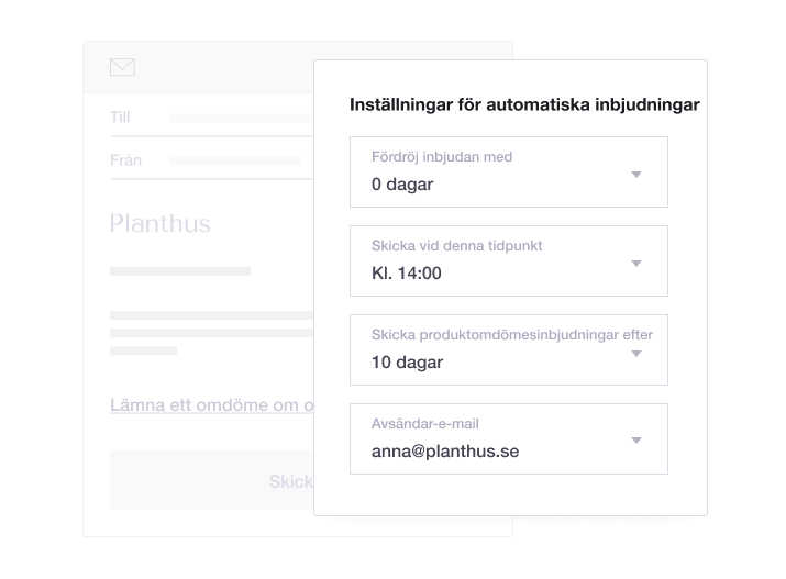 Product illustration of Trustpilot's Automatic Feedback Service feature, including automatic invitation settings SE - Review Invitations