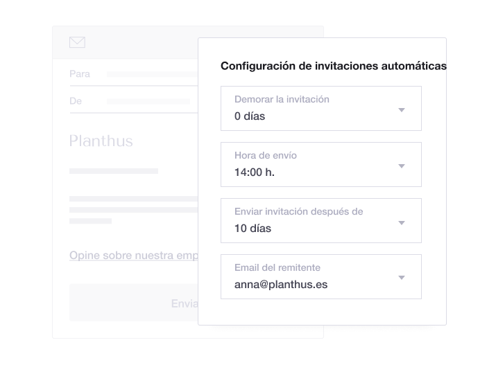 Product illustration of Trustpilot's Automatic Feedback Service feature, including automatic invitation settings ES - Review Invitations