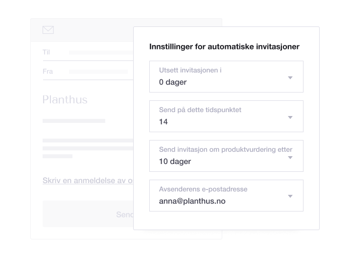 Product illustration of Trustpilot's Automatic Feedback Service feature, including automatic invitation settings NO - Review Invitations