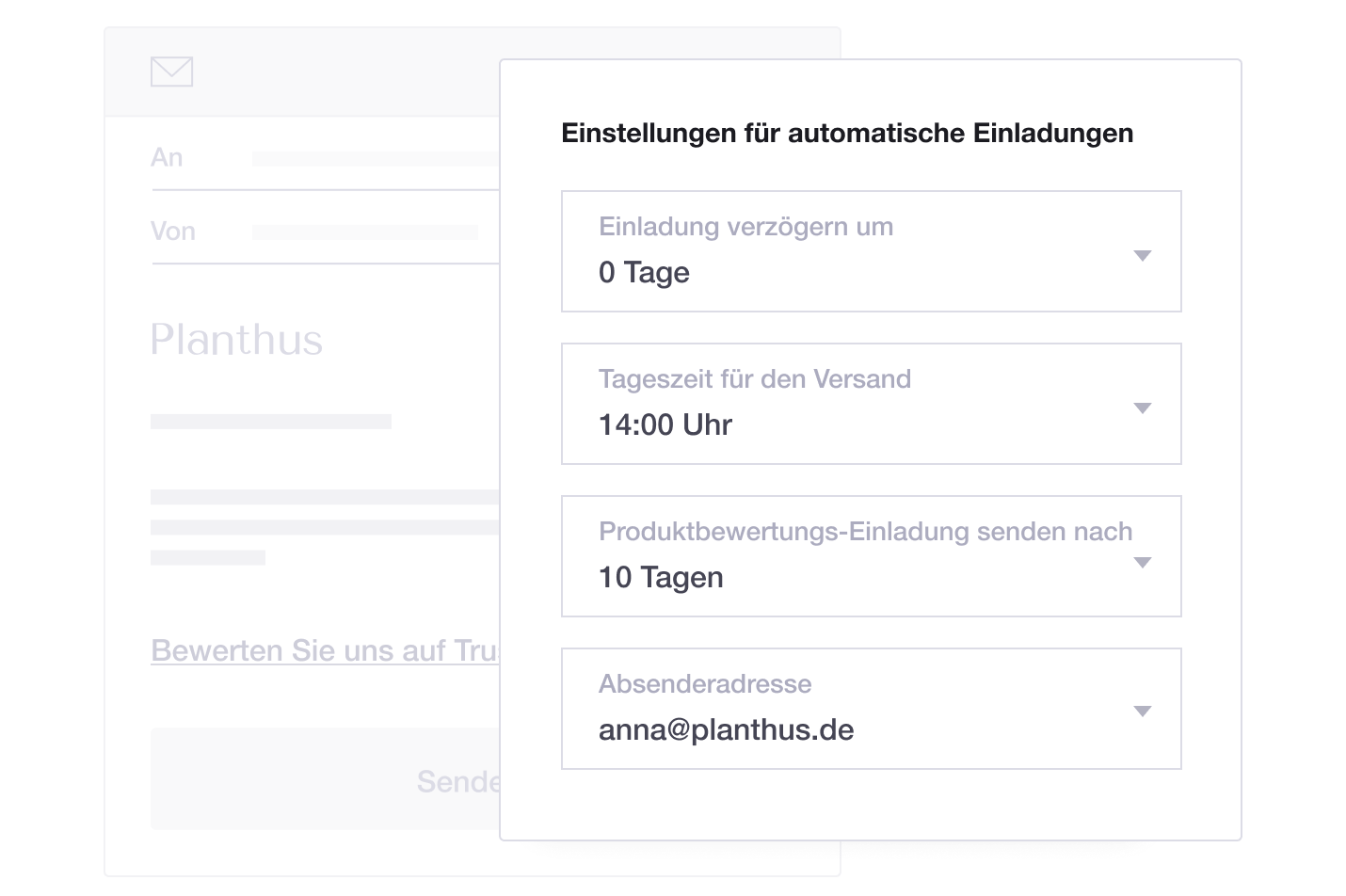 Product illustration of Trustpilot's Automatic Feedback Service feature, including automatic invitation settings DE - Review Invitations