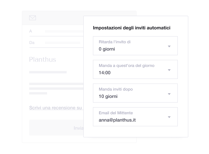 Product illustration of Trustpilot's Automatic Feedback Service feature, including automatic invitation settings IT - Review Invitations